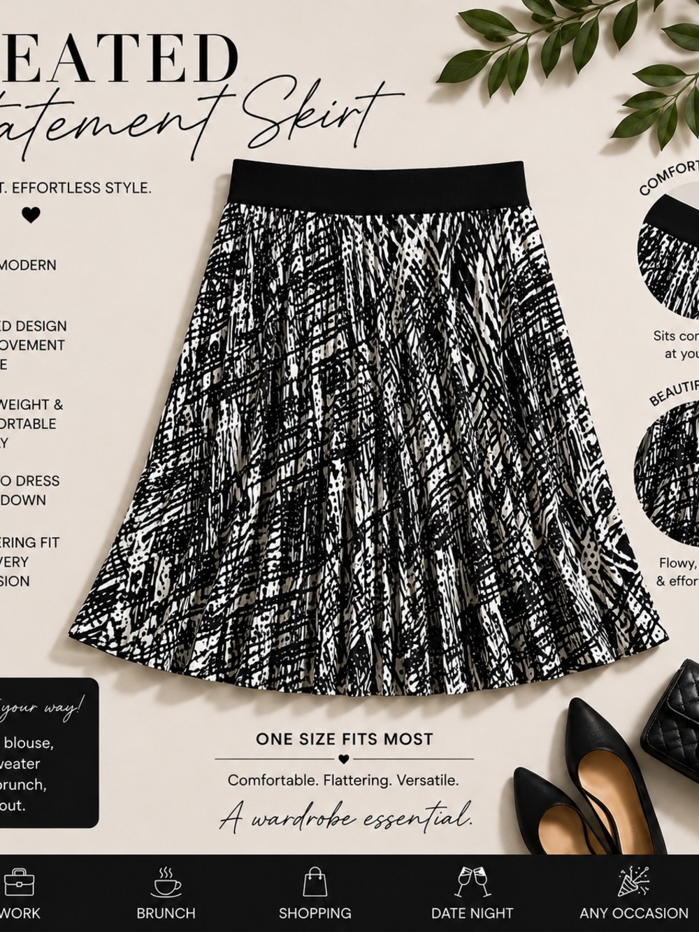 Covington Black & White Pleated A-Line Skirt